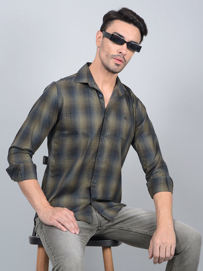 Olive Checked 100% Cotton Shirt-Men Shirts-Crimsoune Club