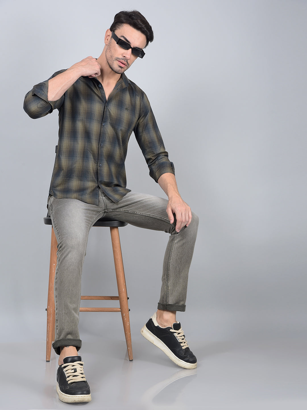 Olive Checked 100% Cotton Shirt-Men Shirts-Crimsoune Club