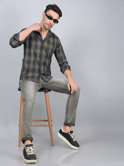 Olive Checked 100% Cotton Shirt-Men Shirts-Crimsoune Club