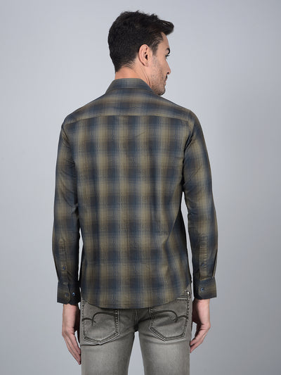 Olive Checked 100% Cotton Shirt-Men Shirts-Crimsoune Club