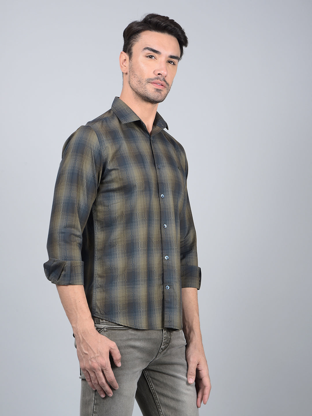 Olive Checked 100% Cotton Shirt-Men Shirts-Crimsoune Club