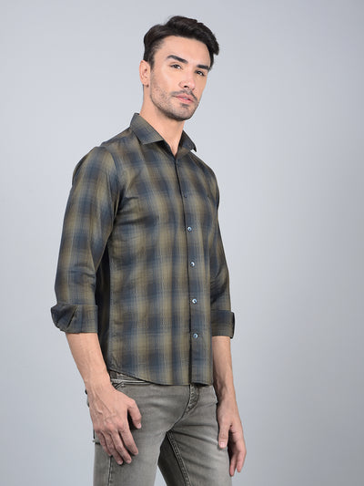 Olive Checked 100% Cotton Shirt-Men Shirts-Crimsoune Club