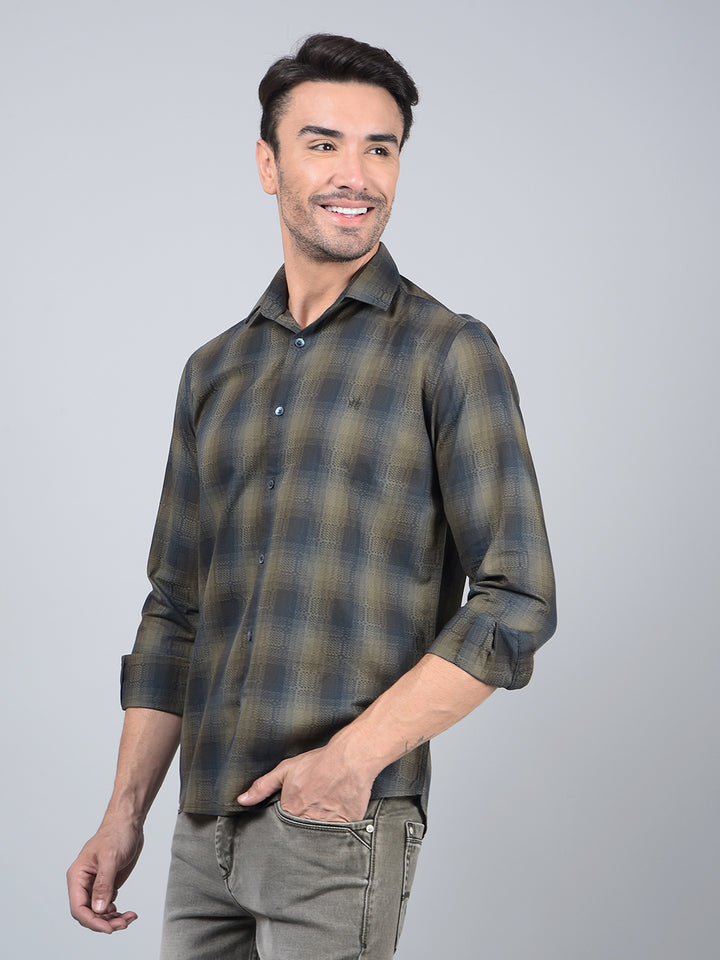Olive Checked 100% Cotton Shirt-Men Shirts-Crimsoune Club