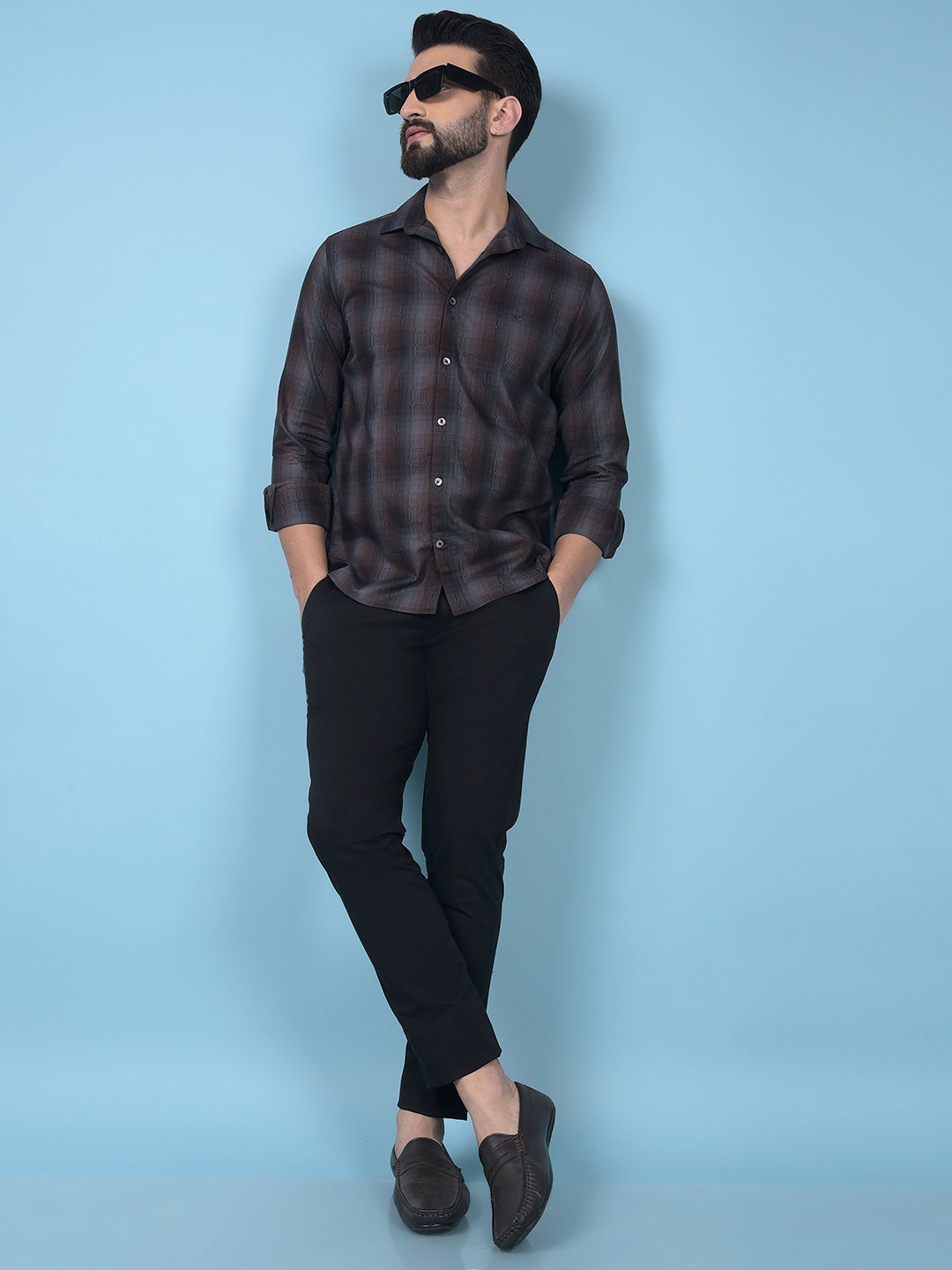 Brown Checked 100% Cotton Shirt-Men Shirts-Crimsoune Club