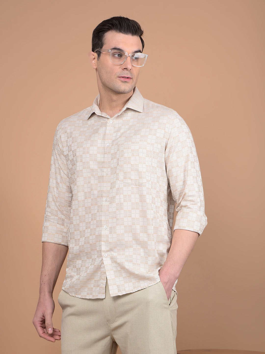 Beige Printed 100% Cotton Shirt-Men Shirts-Crimsoune Club