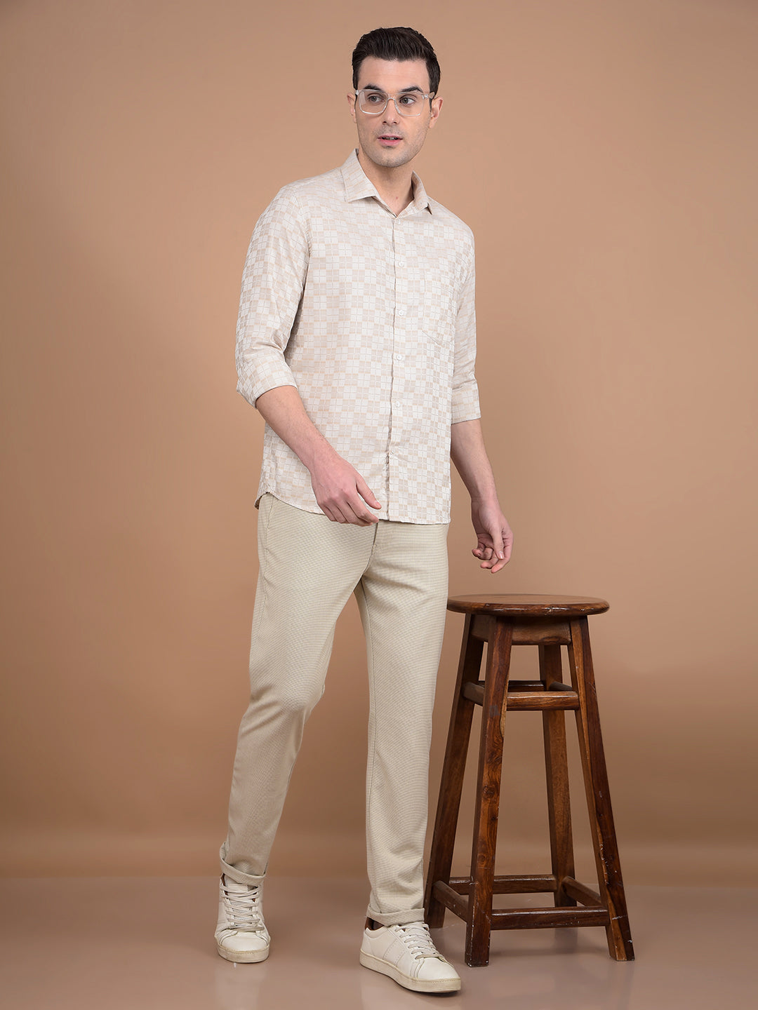 Beige Printed 100% Cotton Shirt-Men Shirts-Crimsoune Club