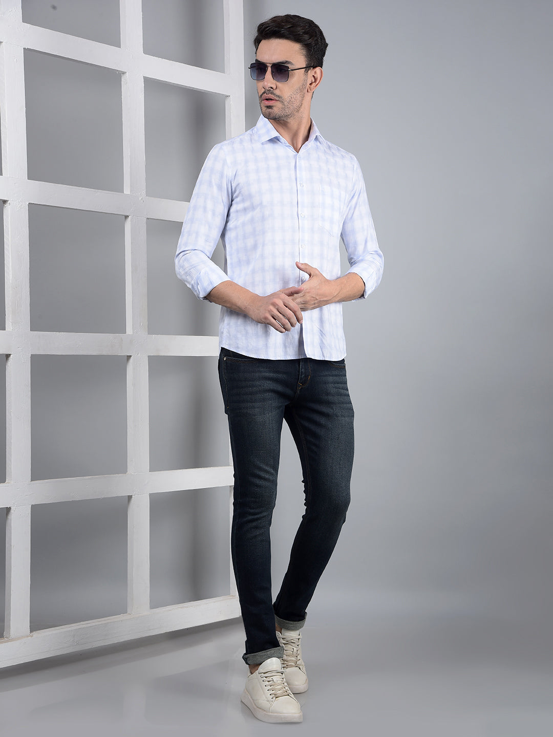 Blue Checked 100% Cotton Shirt-Men Shirts-Crimsoune Club