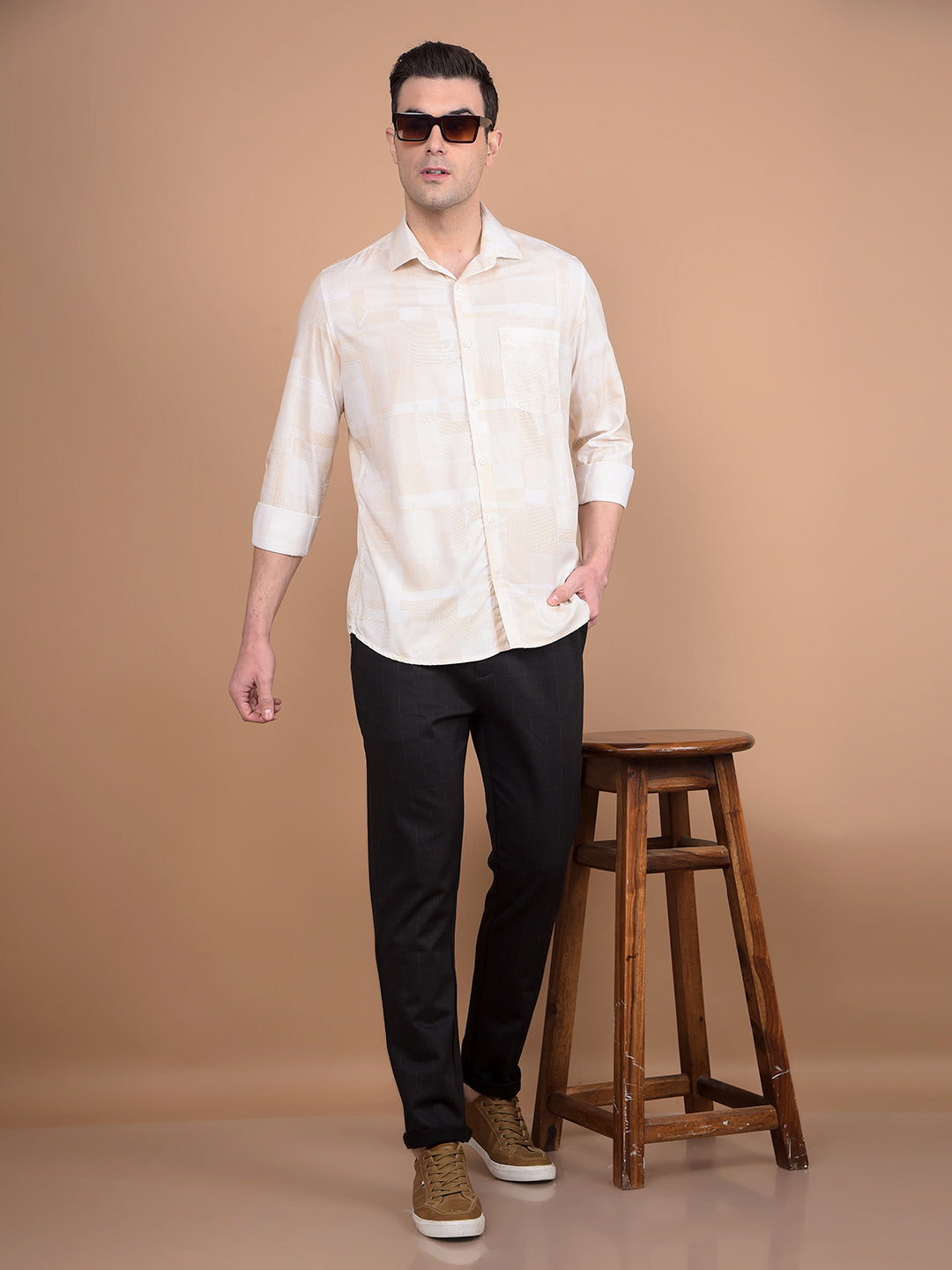 Beige Printed Shirt-Men Shirts-Crimsoune Club