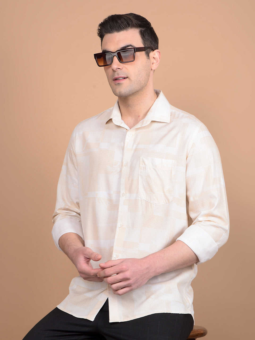 Beige Printed Shirt-Men Shirts-Crimsoune Club