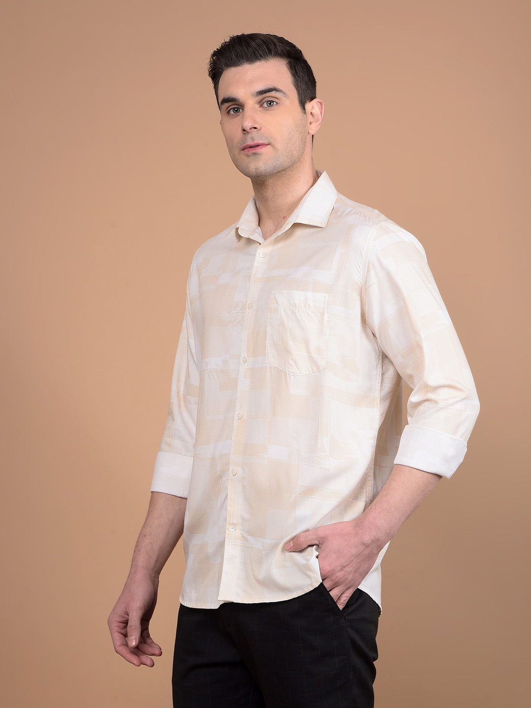 Beige Printed Shirt-Men Shirts-Crimsoune Club
