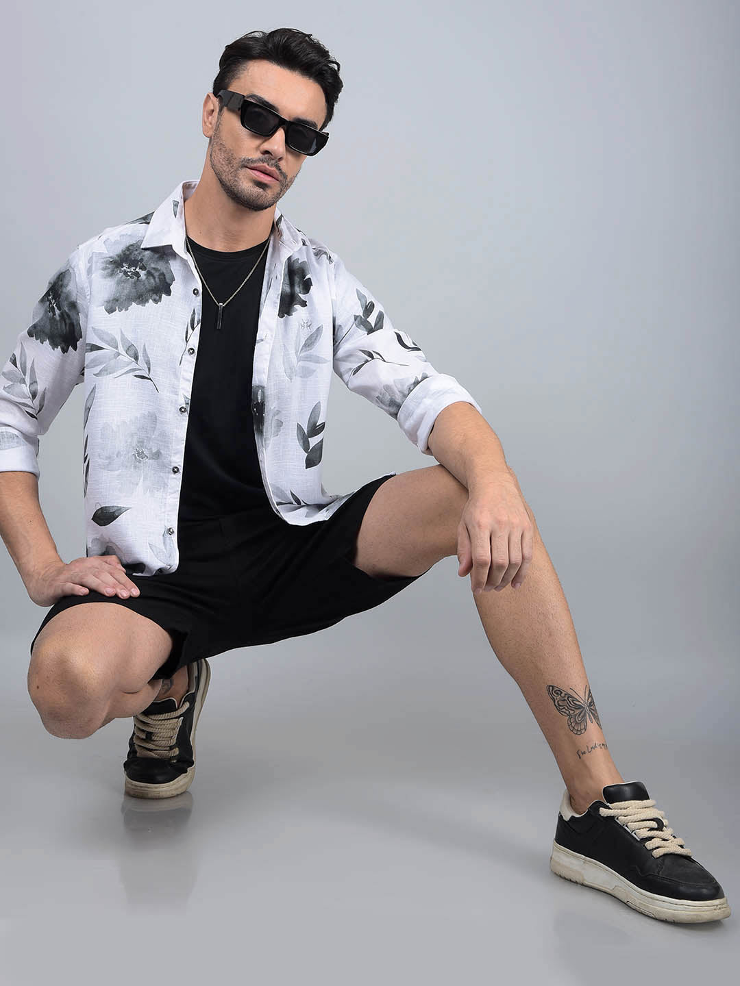 White Floral Print Linen Shirt-Men Shirts-Crimsoune Club