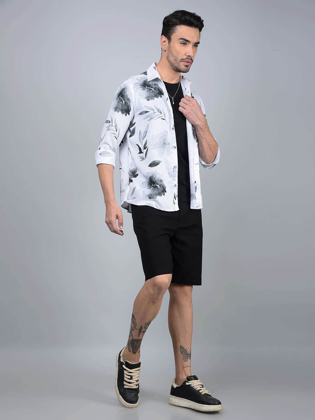 White Floral Print Linen Shirt-Men Shirts-Crimsoune Club