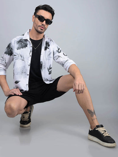 White Floral Print Linen Shirt-Men Shirts-Crimsoune Club