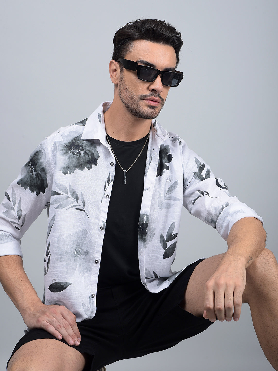 White Floral Print Linen Shirt-Men Shirts-Crimsoune Club