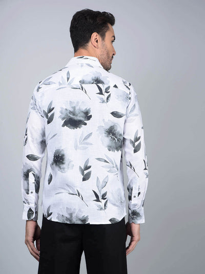 White Floral Print Linen Shirt-Men Shirts-Crimsoune Club