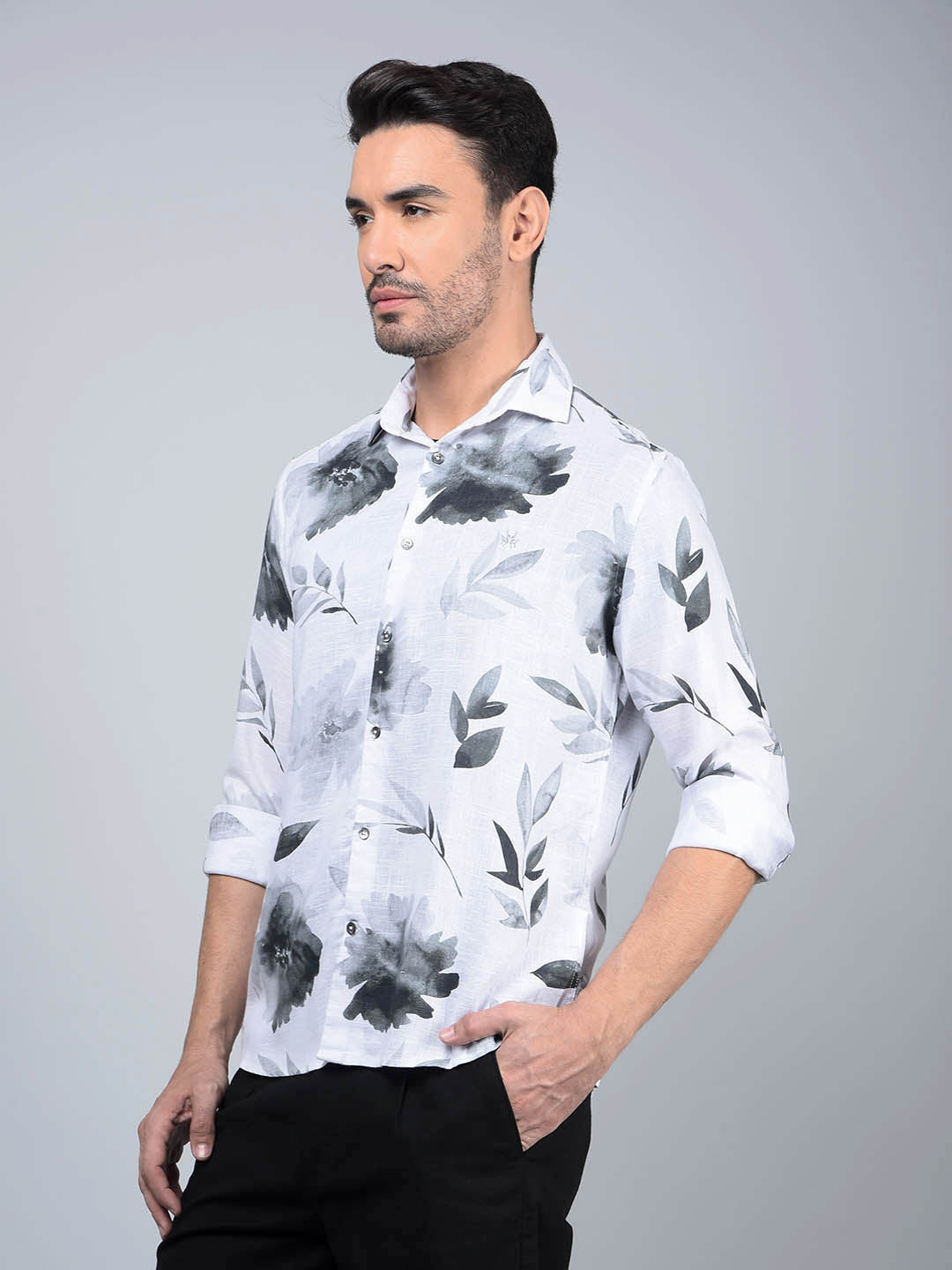 White Floral Print Linen Shirt-Men Shirts-Crimsoune Club