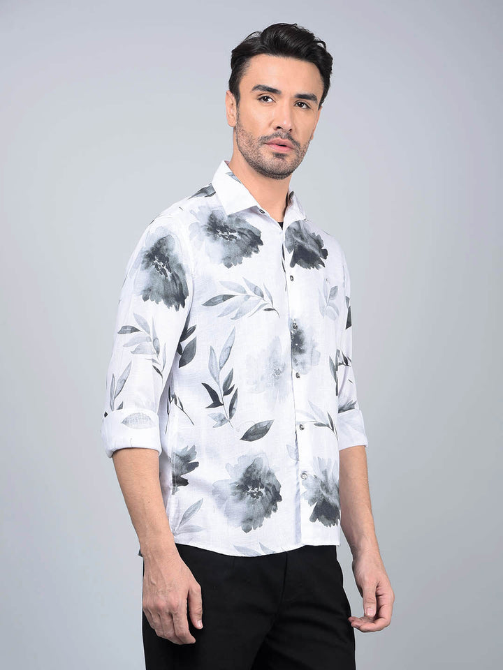 White Floral Print Linen Shirt-Men Shirts-Crimsoune Club