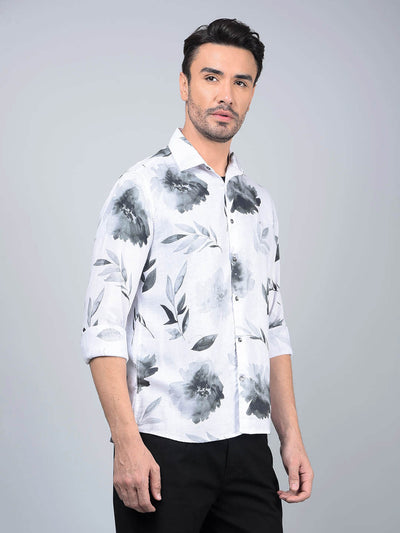 White Floral Print Linen Shirt-Men Shirts-Crimsoune Club