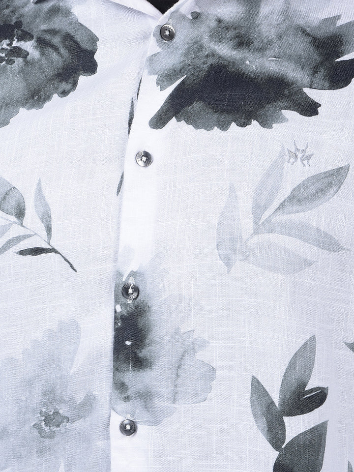 White Floral Print Linen Shirt-Men Shirts-Crimsoune Club