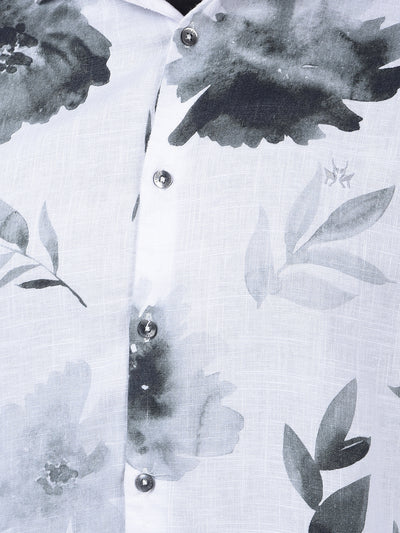 White Floral Print Linen Shirt-Men Shirts-Crimsoune Club