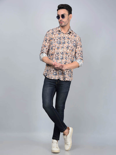 Peach Floral Print Modal Shirt-Men Shirts-Crimsoune Club