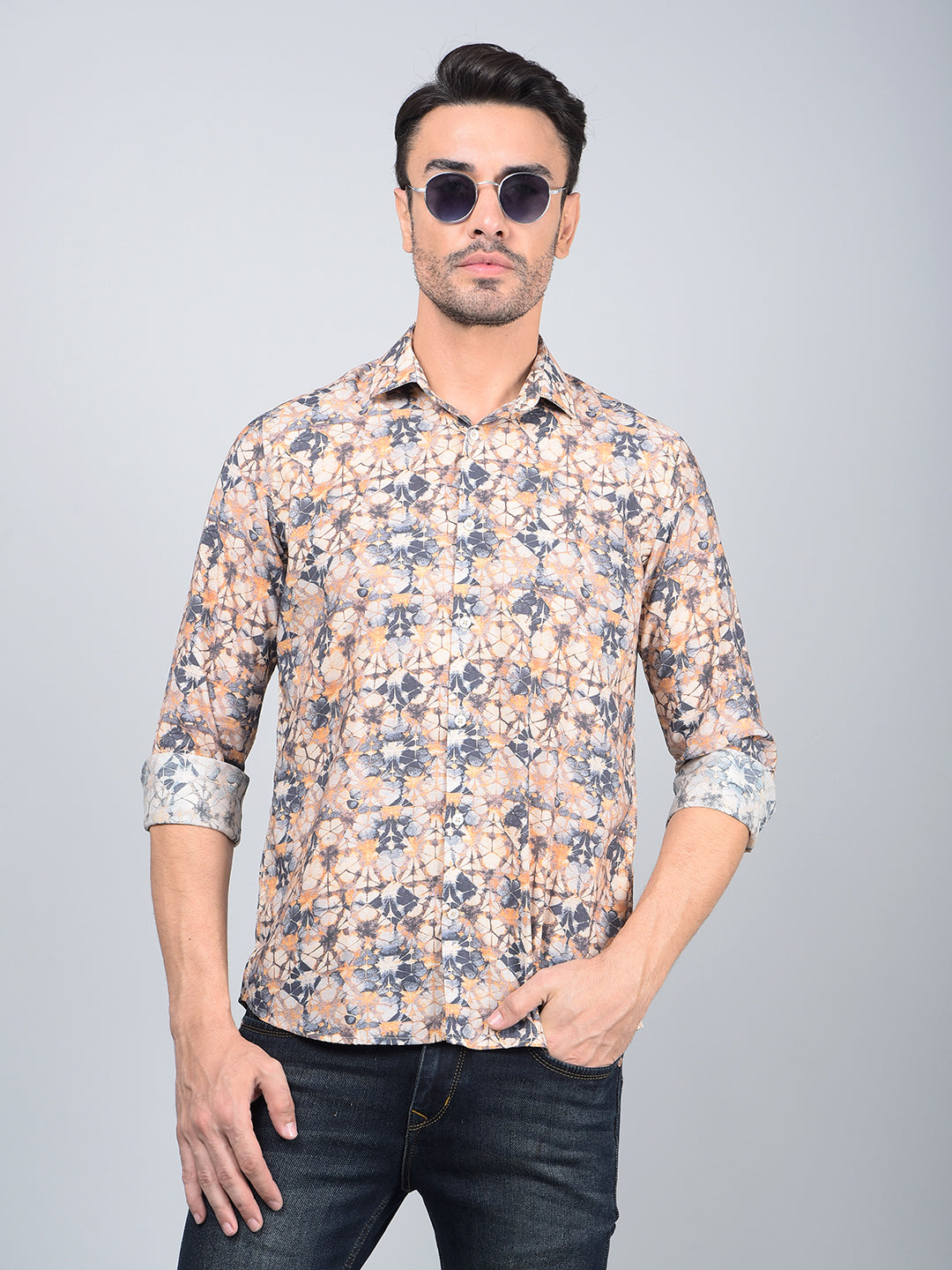 Peach Floral Print Modal Shirt-Men Shirts-Crimsoune Club