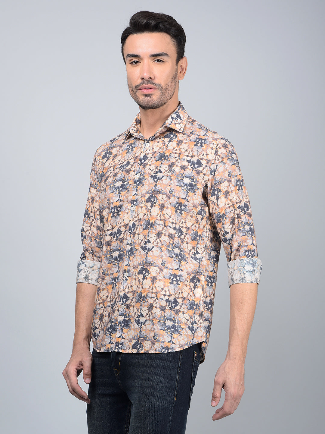 Peach Floral Print Modal Shirt-Men Shirts-Crimsoune Club