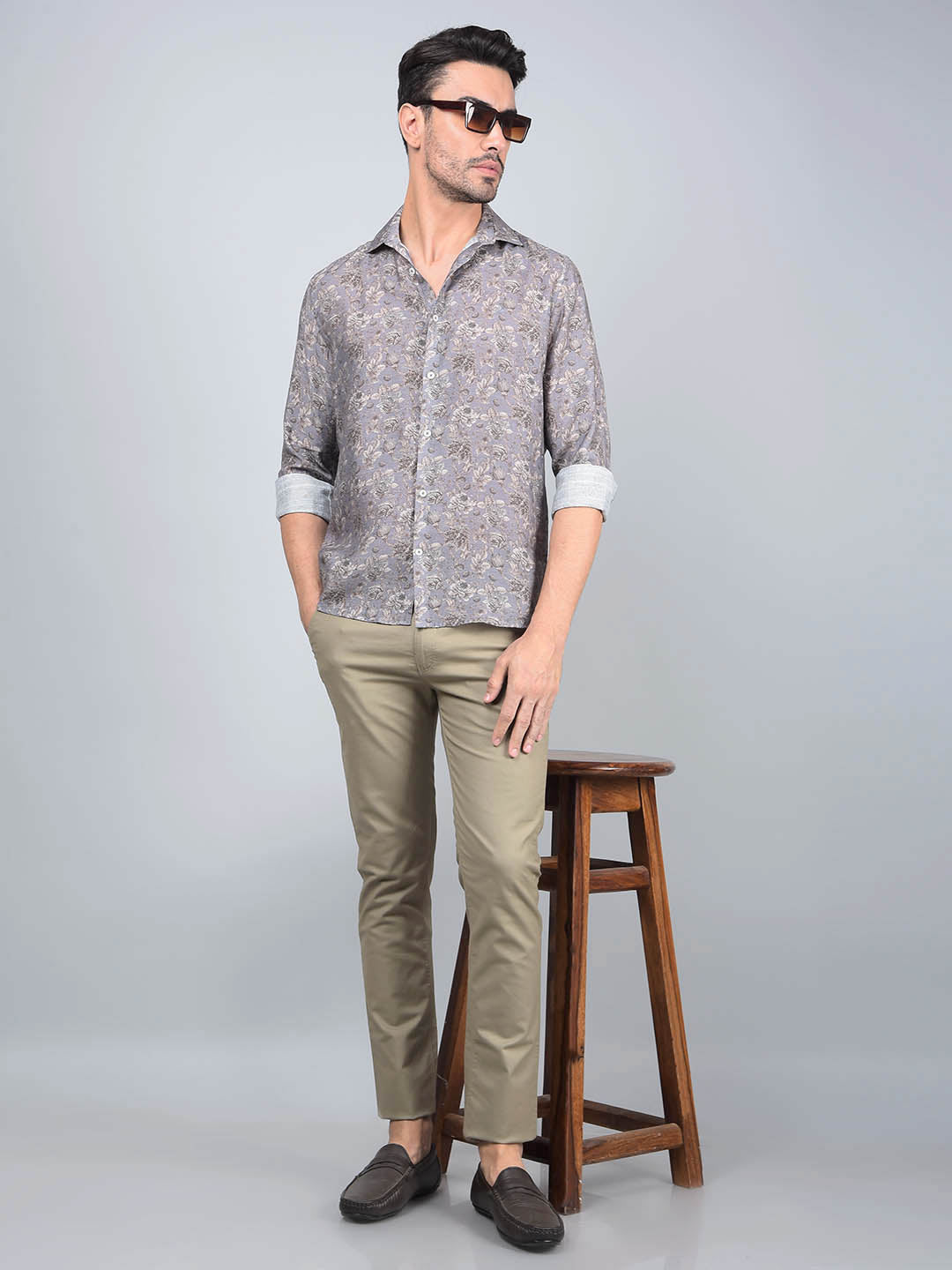 Grey Floral Print Shirt-Men Shirts-Crimsoune Club