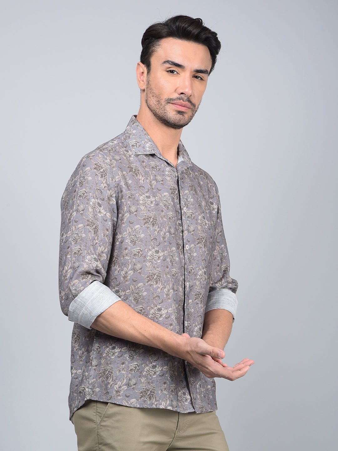 Grey Floral Print Shirt-Men Shirts-Crimsoune Club