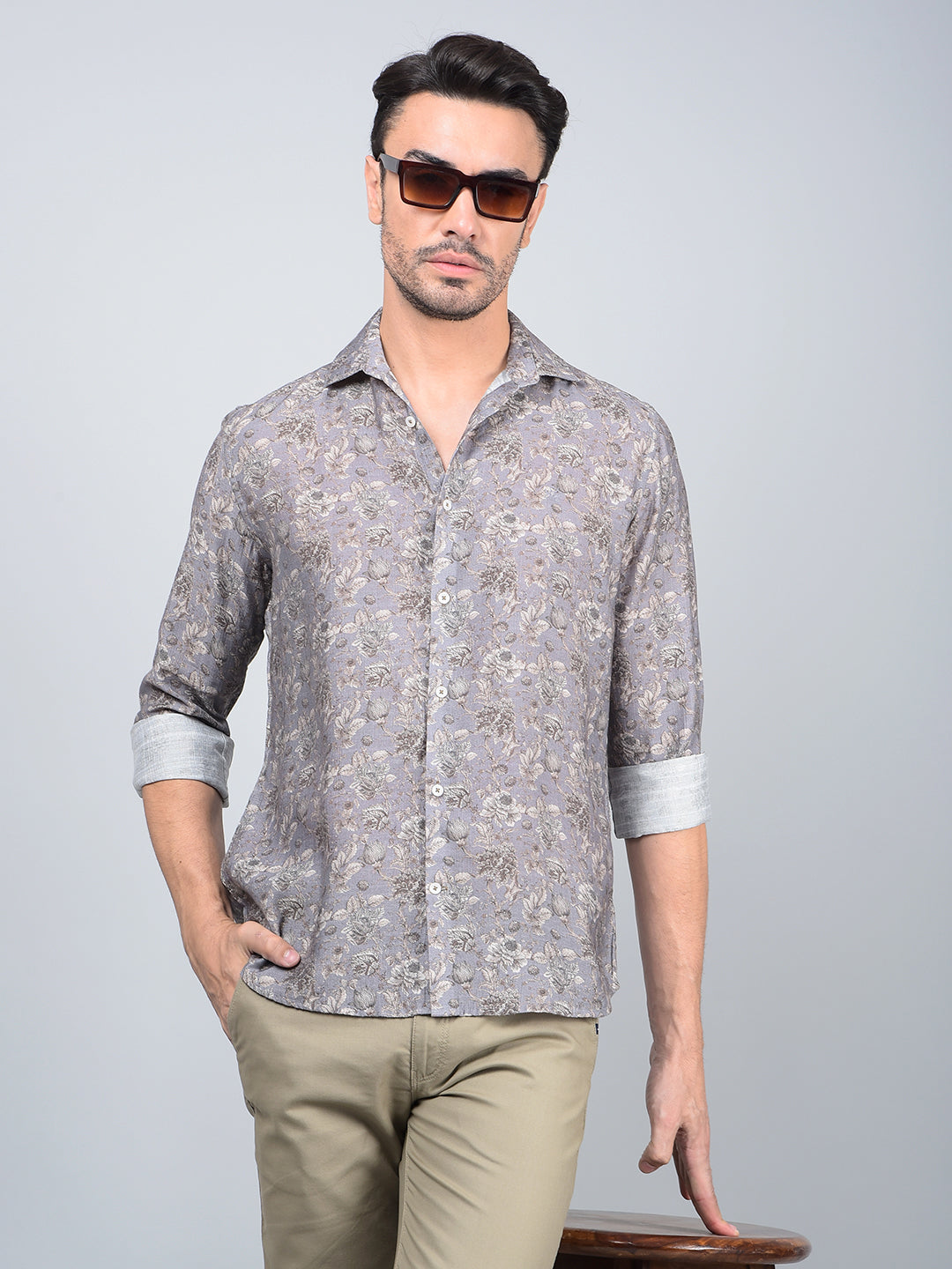 Grey Floral Print Shirt-Men Shirts-Crimsoune Club