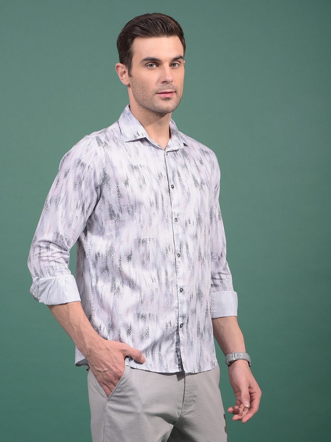 Grey Printed 100% Cotton Shirt-Men Shirts-Crimsoune Club