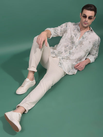 Grey Floral Print Linen Shirt-Men Shirts-Crimsoune Club