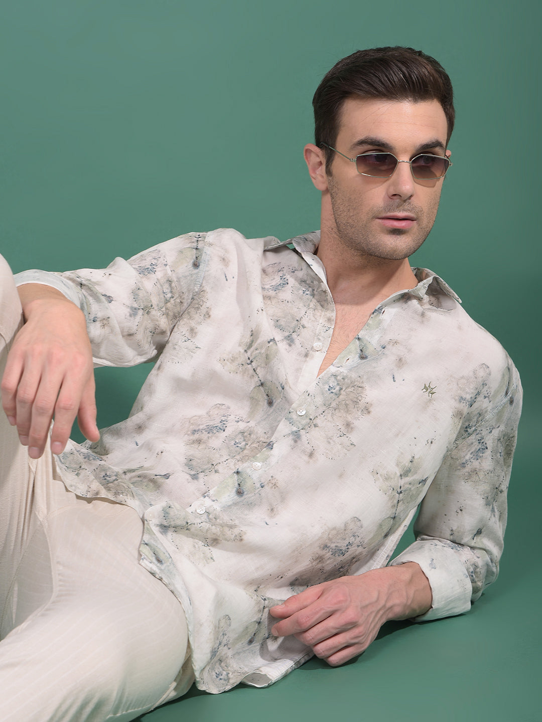 Grey Floral Print Linen Shirt-Men Shirts-Crimsoune Club