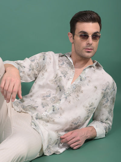 Grey Floral Print Linen Shirt-Men Shirts-Crimsoune Club