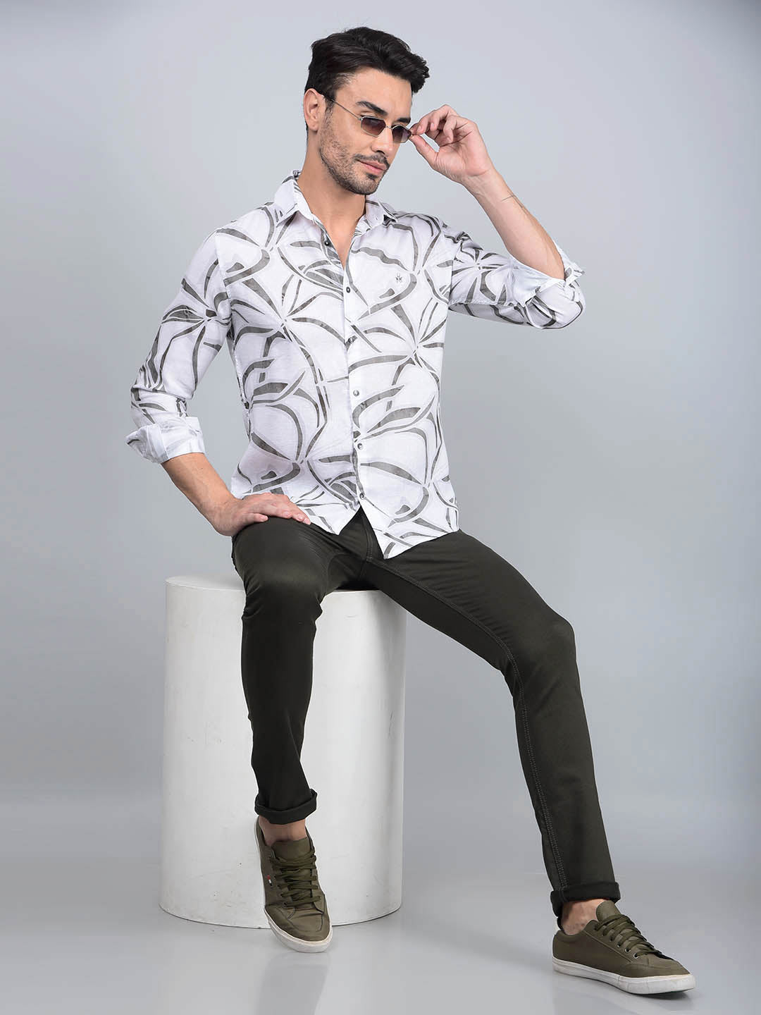 Grey Printed Linen Shirt-Men Shirts-Crimsoune Club