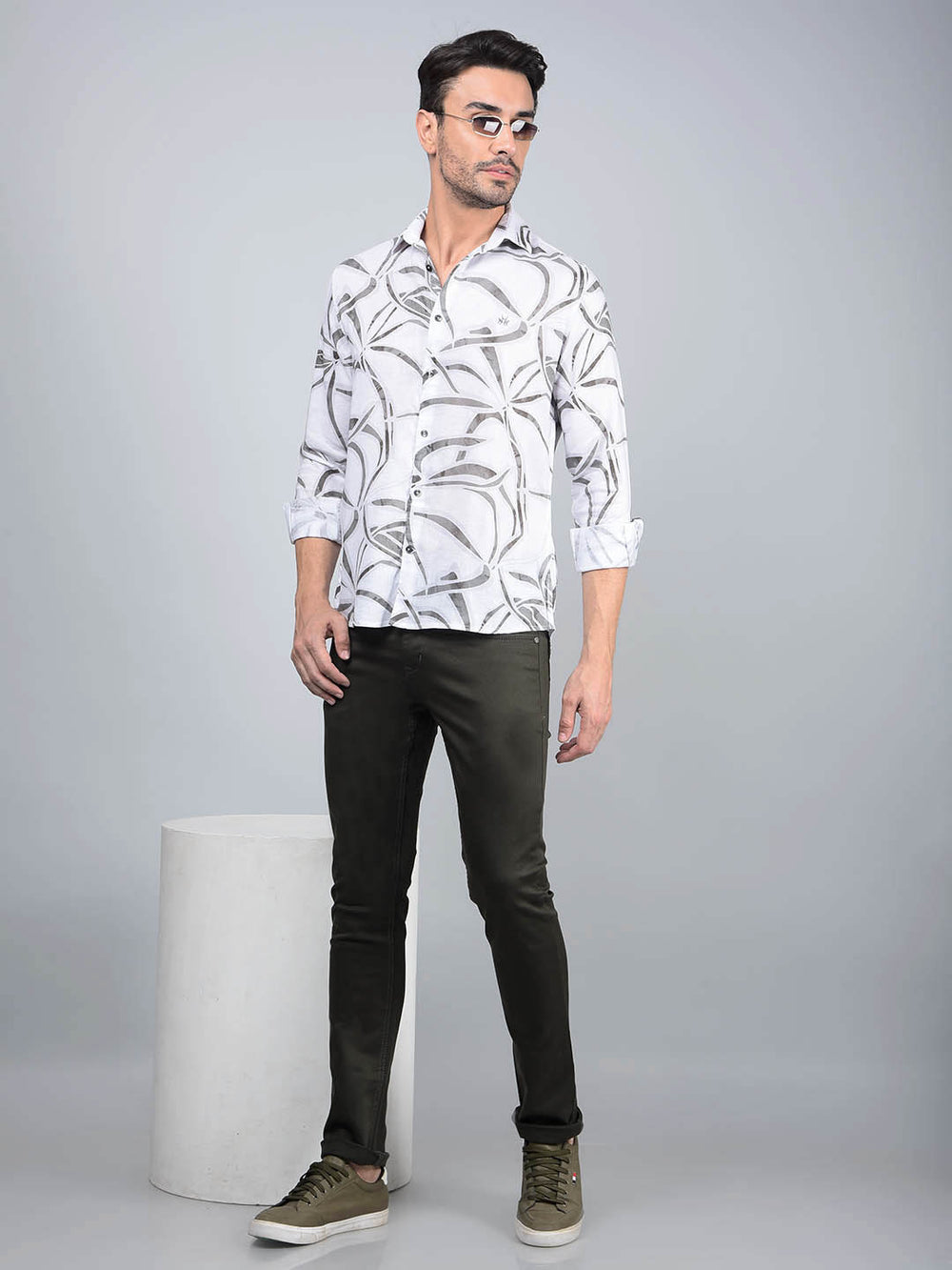 Grey Printed Linen Shirt-Men Shirts-Crimsoune Club