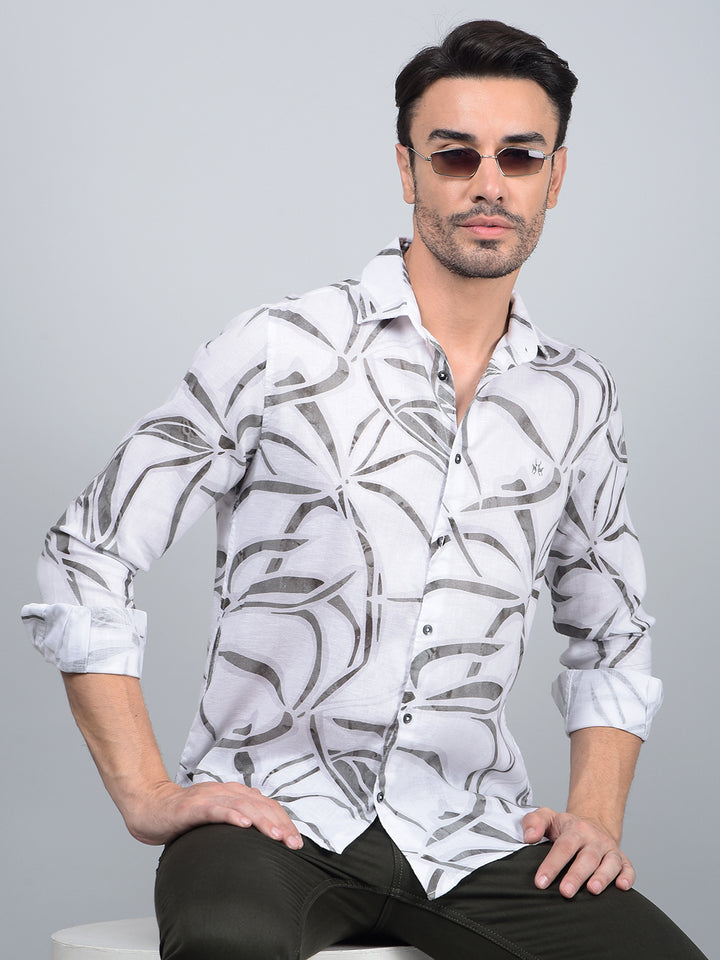 Grey Printed Linen Shirt-Men Shirts-Crimsoune Club