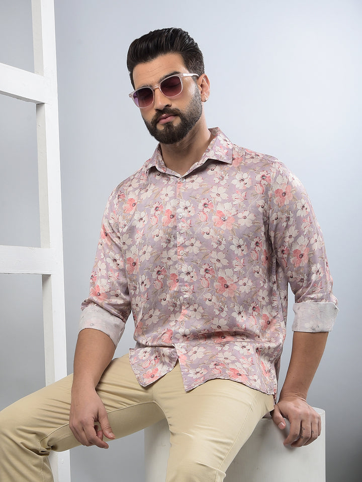 Pink Floral Print Modal Shirt-Men Shirts-Crimsoune Club