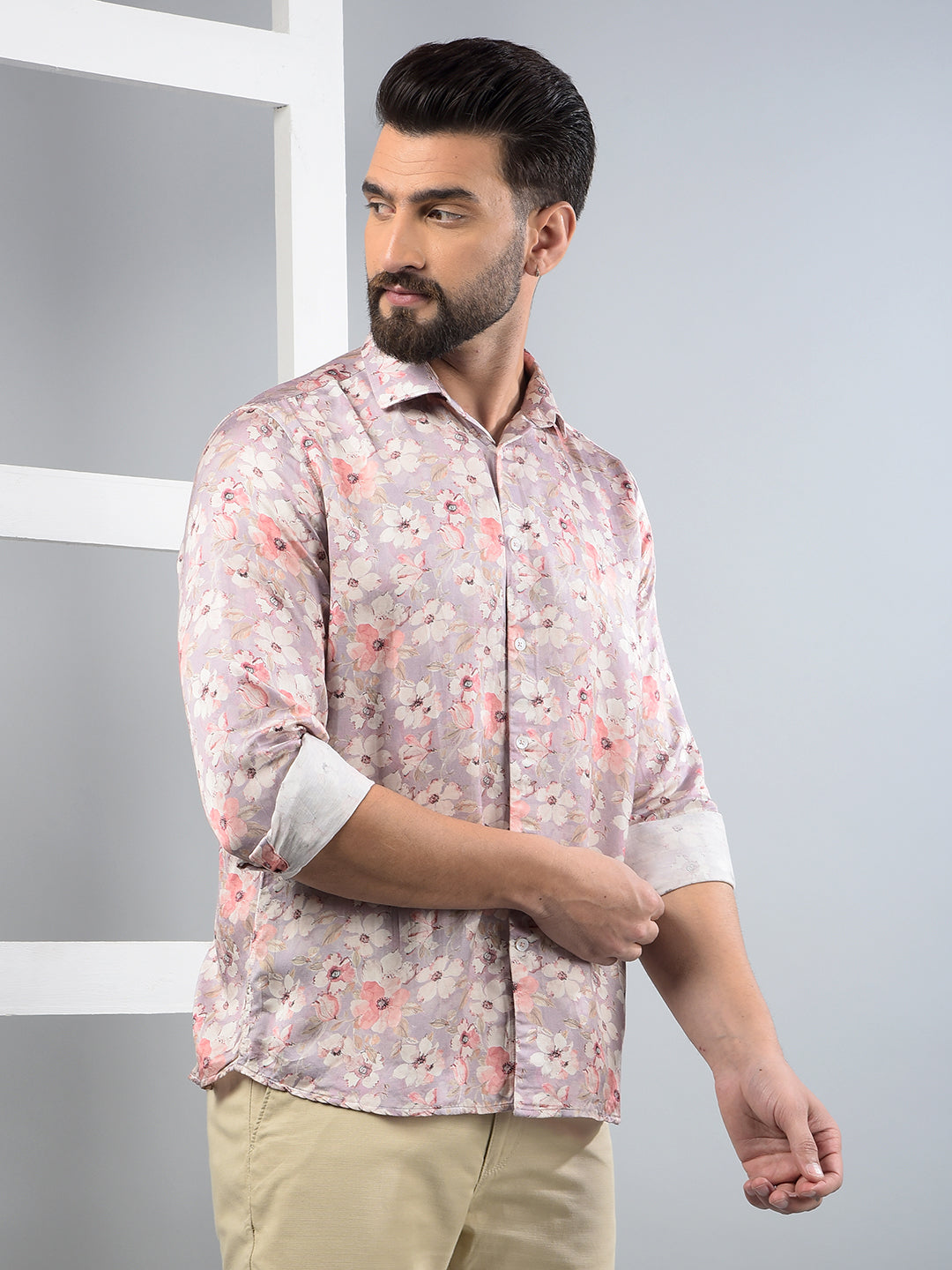 Pink Floral Print Modal Shirt-Men Shirts-Crimsoune Club