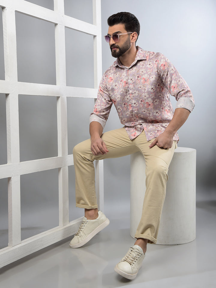Pink Floral Print Modal Shirt-Men Shirts-Crimsoune Club