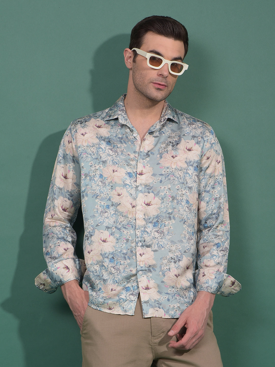 Green Floral Print Modal Shirt-Men Shirts-Crimsoune Club