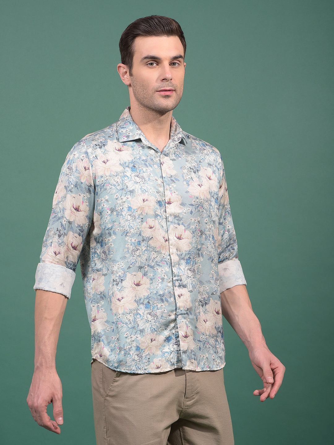 Green Floral Print Modal Shirt-Men Shirts-Crimsoune Club