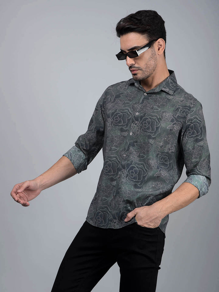 Green Floral Print Modal Shirt-Men Shirts-Crimsoune Club
