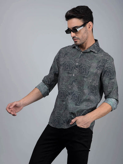 Green Floral Print Modal Shirt-Men Shirts-Crimsoune Club