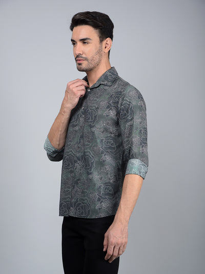 Green Floral Print Modal Shirt-Men Shirts-Crimsoune Club