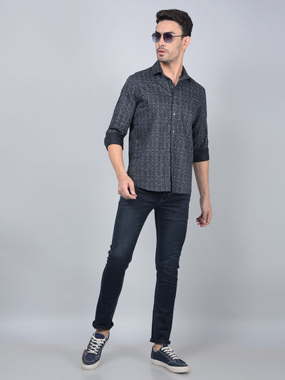 Navy Blue Printed Shirt-Men Shirts-Crimsoune Club