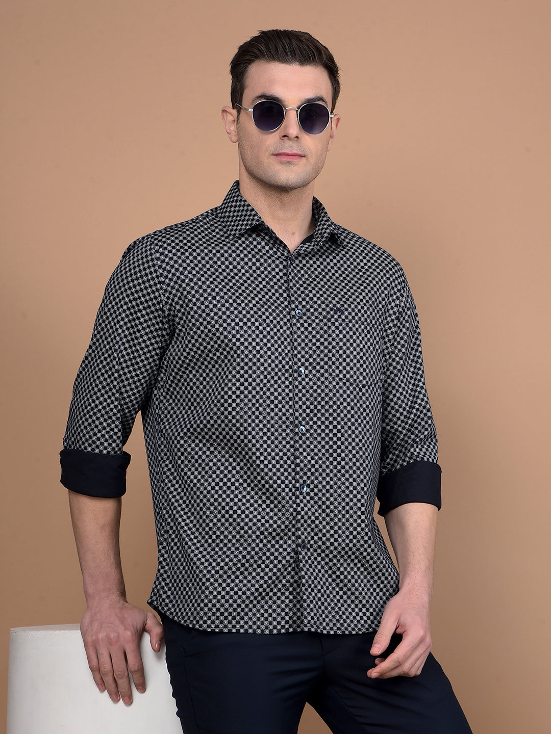 Navy Blue Printed Shirt-Men Shirts-Crimsoune Club
