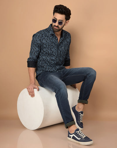 Navy Blue Printed Shirt-Men Shirts-Crimsoune Club