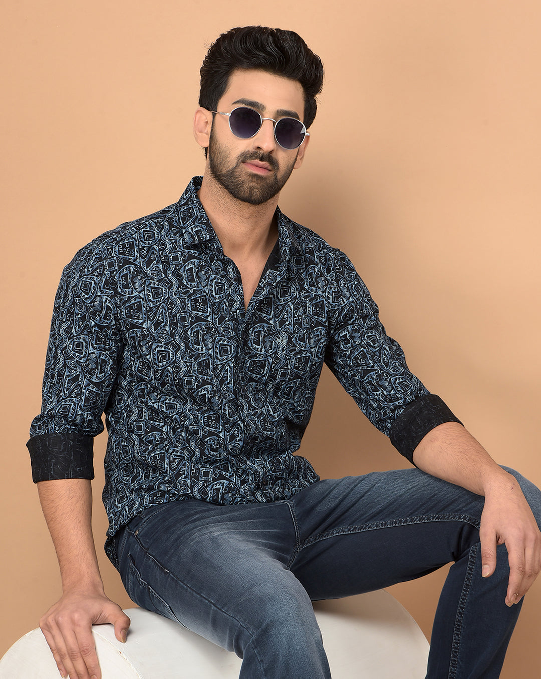 Navy Blue Printed Shirt-Men Shirts-Crimsoune Club
