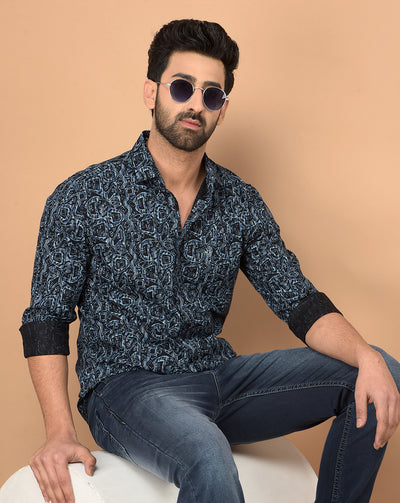 Navy Blue Printed Shirt-Men Shirts-Crimsoune Club